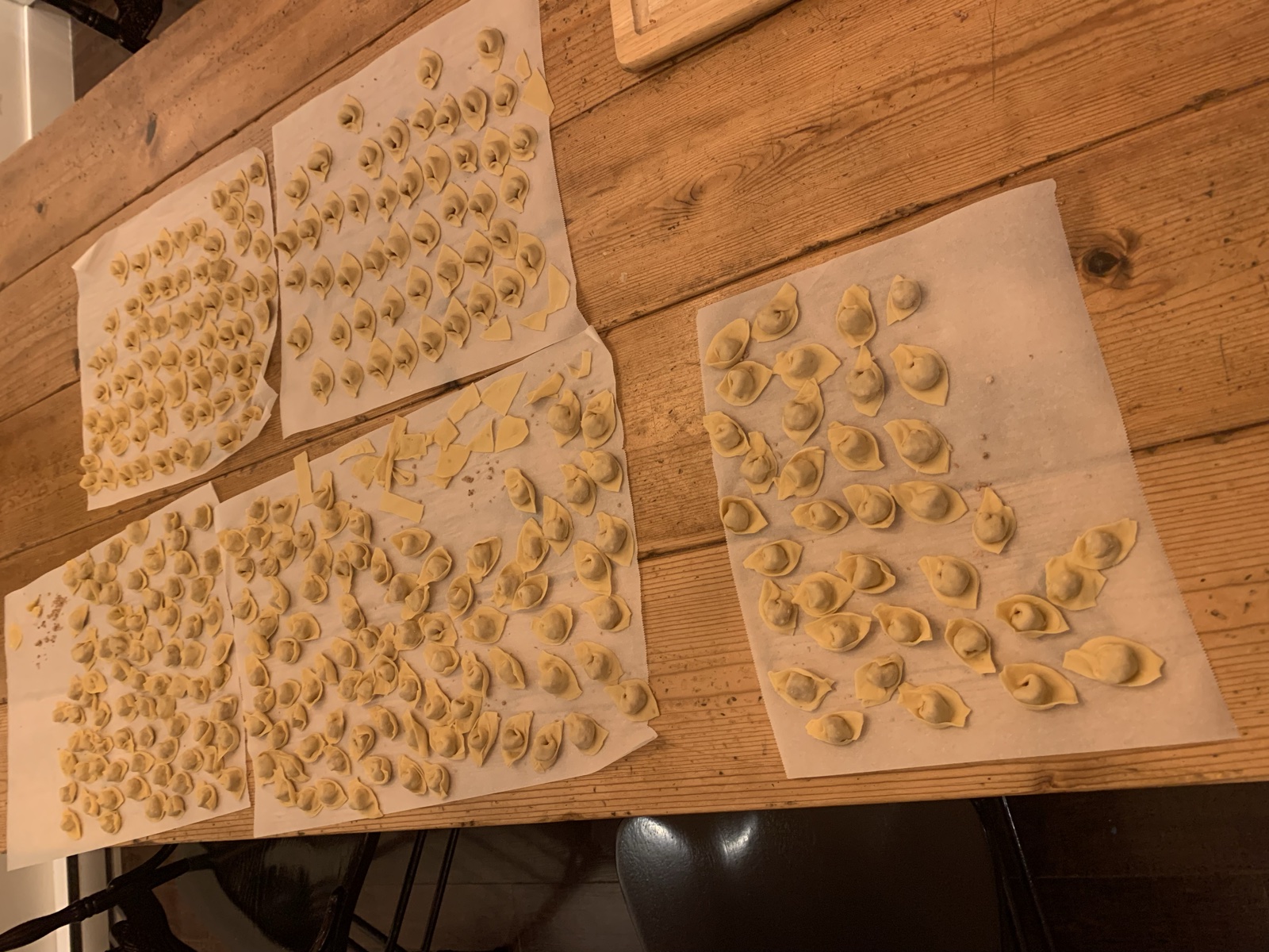 Sheets of freshly filled tortellini drying on a wooden table.