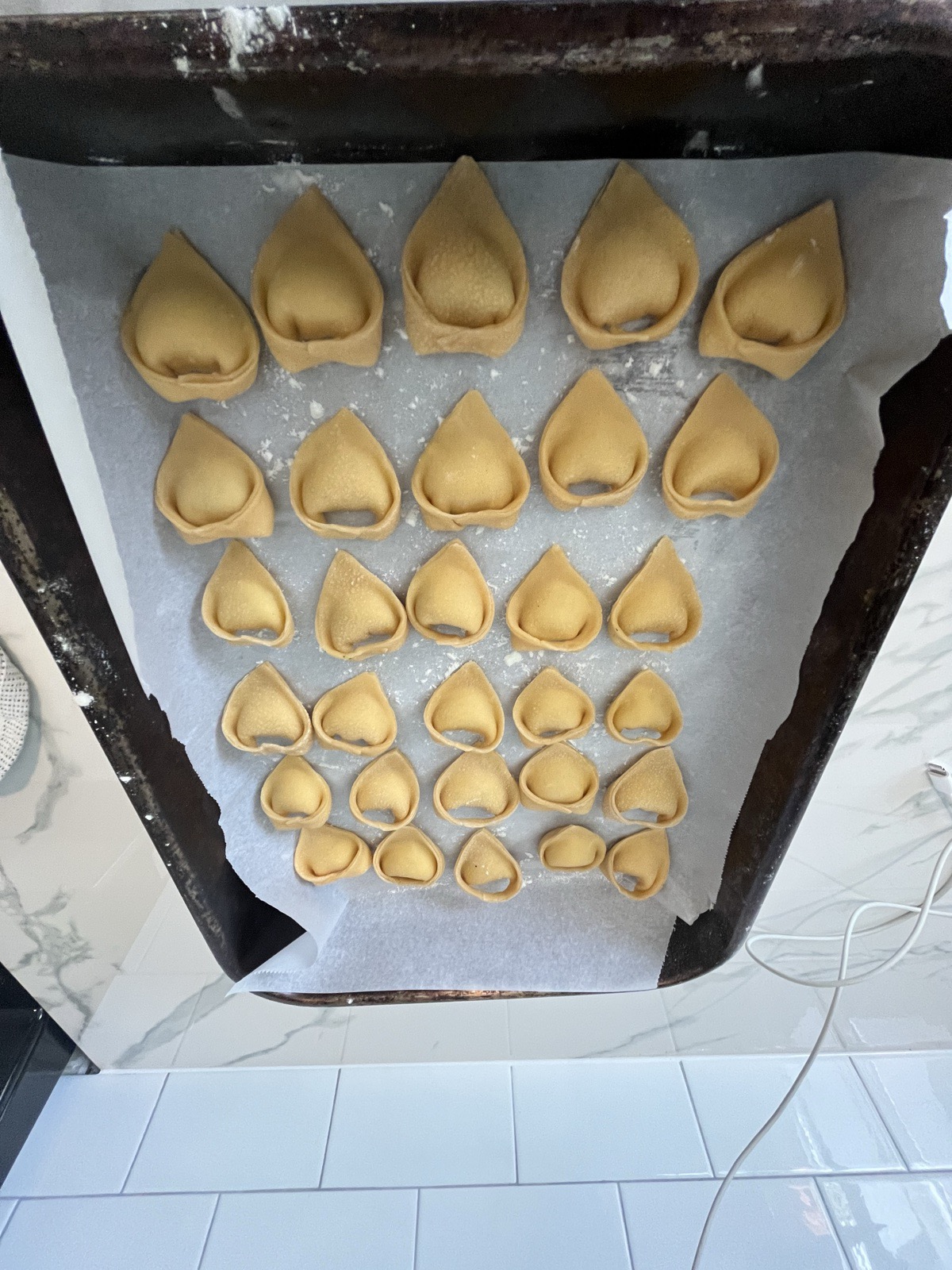 A baking tray full of folded tortellini ready to cook.